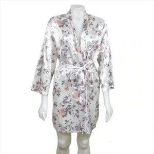 La  Vie En Rose Floral Satin Robe Grey Pink Size Small/Medium